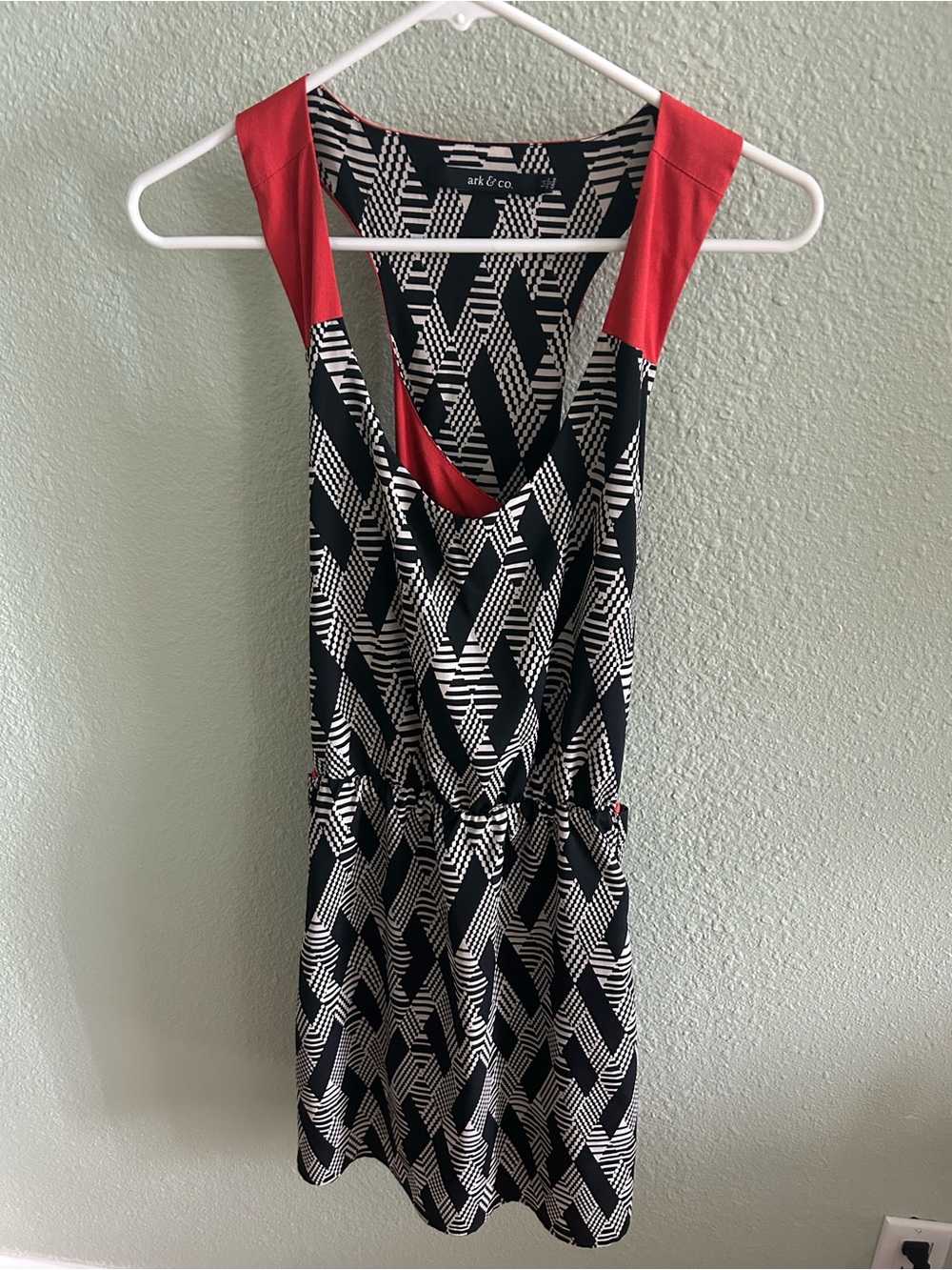 Ark & Co Black & White Geometric Mini Dress with Red Trim Medium